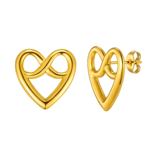 Golden stainless steel infinity heart stud earrings with a polished minimalist design
