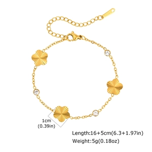 Gold stainless steel bracelet featuring zircon stones and five-petal floral patterns