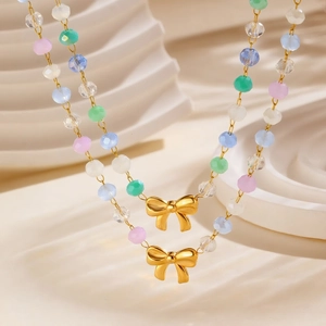 Doux Collier Perlé Avec Pendentif Nœud En Acier Inoxydable Pour Femmes Dégradé Multicolore Perles En Verre Bijoux Mode Cadeau