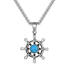 Vintage stainless steel ship wheel necklace with turquoise stone inlay for men