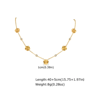 Detail of gold flower necklace with clear zircon stones and precise dimensions shown
