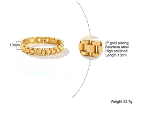 Detail showing 10mm width and 18cm length of IP gold plated stainless steel bracelet