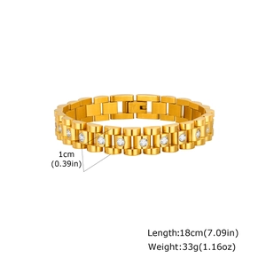 Golden stainless steel watch-style bracelet with clear zircon stones for women