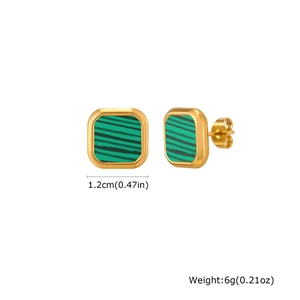 Detailed size view of square gold earrings with green malachite stone inlays