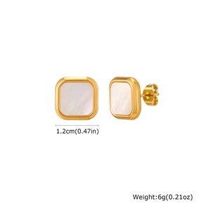 Macro view of gold square mother-of-pearl stud earrings with size and weight specs