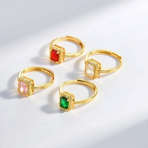 Adjustable gold plated rings with emerald cut green red and pink crystals in a luxury set