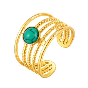 Gold stainless steel multi-layer wave ring with turquoise stone and beaded texture