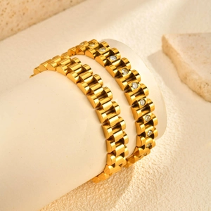 Luxury Stainless Steel Watchband Bracelet Gold Plated Rhinestone Inlaid Link Bracelet For Women Fashion Jewelry Elegant Gift