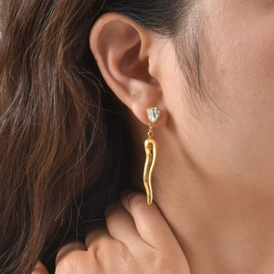 Golden teardrop crystal drop earrings with cornicello pendant worn by model