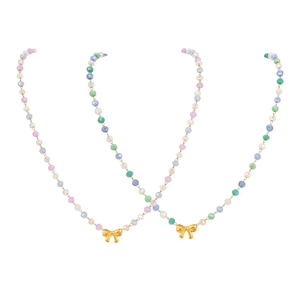 Collier de perles macaron avec pendentif nœud doré en acier inoxydable poli