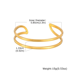 Double-layer geometric open cuff bracelet in gold stainless steel with size measurements