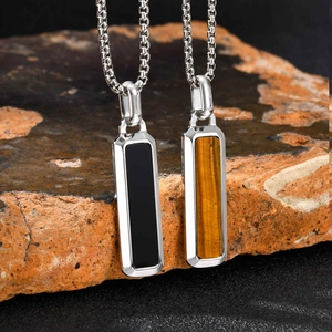 Herren Edelstahl Rechteck Anhänger Halskette Natur Tigerauge Stein Schwarz Inlay Minimalistisch Bar Schmuck Geometrisch Polierte Halskette