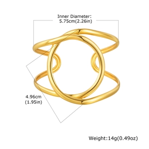 Detailed dimension guide showing inner diameter and weight of gold geometric open bangle