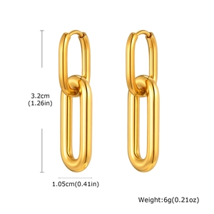 Detail view of gold geometric oval chain link earrings with size and weight dimensions