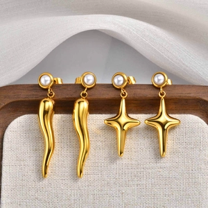 Stainless Steel Dangle Earrings Gold Plated Zircon Water Drop Cornicello Star Artificial Pearl Fashion Jewelry For Women