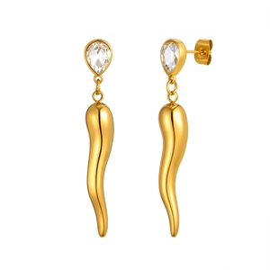 Gold cornicello horn drop earrings featuring a clear pear-cut cubic zirconia stud