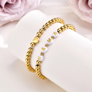Stainless Steel Gold Plated Double Layer Beaded Bracelet With Heart Pendant And MAMA Alphabet Beads For Women Mother Day Gift