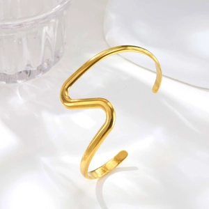 Modern gold double-layer geometric wave open bangle bracelet with minimalist wavy lines
