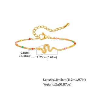 Detail of gold-plated snake charm bracelet with colorful beads and dimension labels