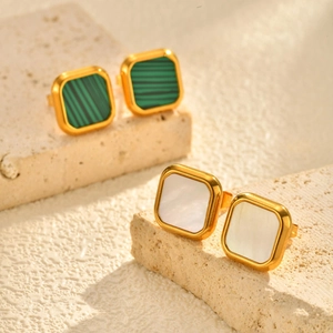 Stainless Steel Square Stud Earrings White Mother Of Artificial Pearl Malachite Geometric Gold Plated Vintage Elegant For Women