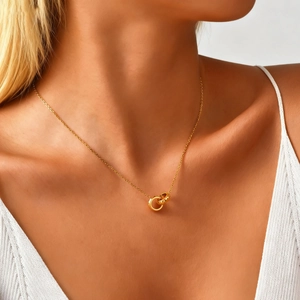 Collier Minimaliste en Acier Inoxydable Avec Pendentif à Double Anneau Entrelacé pour Femme Plaqué Or Texture Géométrique Bijoux Cadeau