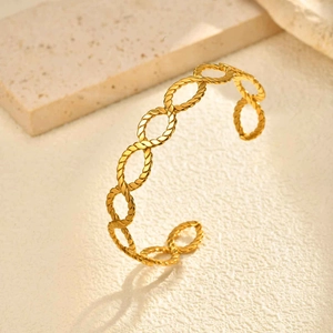 Minimalist 18K Gold Plated Stainless Steel Twisted Rope Open Cuff Bangle For Women Geometric Hollow Oval Link Chain Bracelet Jewelry