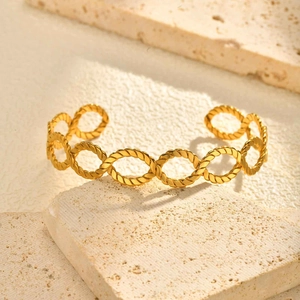 18K gold plated stainless steel twisted open bangle with minimalist woven texture design