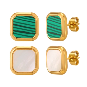 Golden square stud earrings featuring green malachite and white mother of pearl inlays