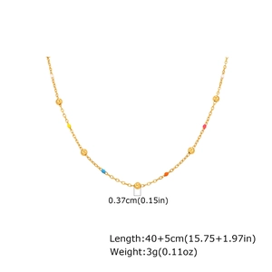 Golden stainless steel chain necklace with colorful enamel beads and measurement details
