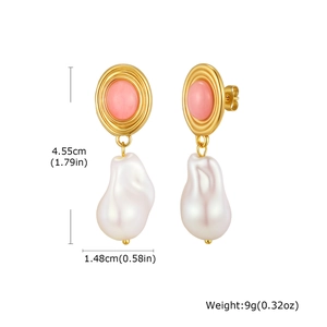 Detailed size specifications for baroque pearl and pink oval stone vintage earrings