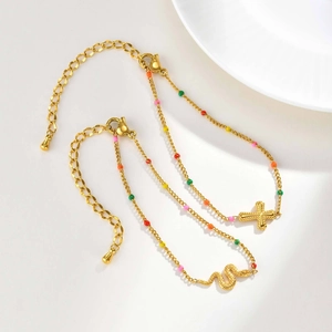 Minimalist Stainless Steel Gold Plated Bracelet For Women With Colorful Enamel Beads Stylish Snake And Cross Pendant Jewelry