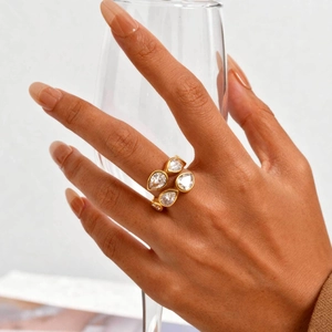 Luxury Stainless Steel Teardrop Zirconia Ring Elegant Gold Plated Water Drop Adjustable Band For Women Fashion Jewelry