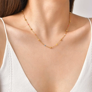 Women's Stainless Steel Gold Plated Colorful Enamel Bead Necklace Chic Multi-color Ball Chain Necklace Fashion Jewelry