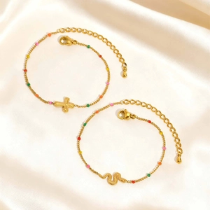 Golden stainless steel snake and cross bracelets with colorful enamel beads and lobster clasp
