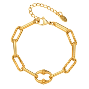 Bracciale K18 dorato con maglie cilindriche e ciondolo a forma di occhio su sfondo bianco