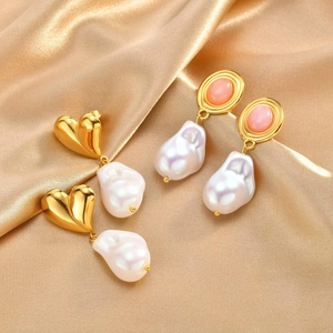 Vintage Artificial Baroque Pearl Drop Earrings With Stainless Steel Earring Post Pink Stone Heart Oval Shapes Elegant For Women