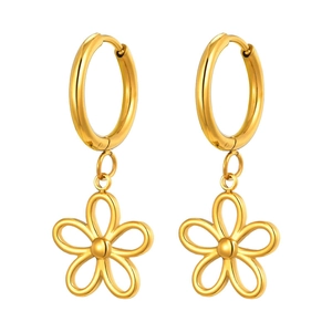 Boucles d'oreilles créoles dorées en acier inoxydable avec charmes fleur évidée