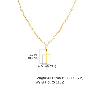 Gold stainless steel cross necklace with wavy link chain and detailed sizing 40+5cm