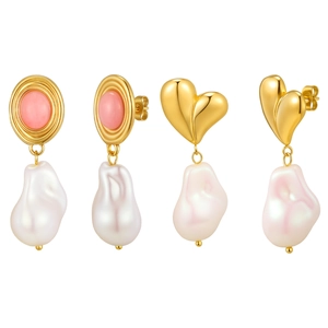 Vintage baroque pearl earrings with pink stones and gold heart charms in multiple views