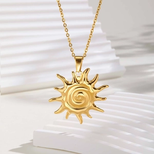 18K gold plated stainless steel sun pendant necklace with spiral relief sunburst design