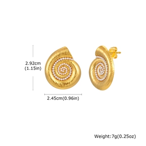 Ocean style 18K gold plated conch shell earrings with white faux pearls and spirals