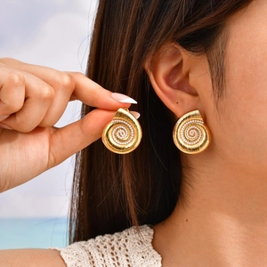 Conch Spiral Shell Stud Earrings 18K Gold Plated Stainless Steel With Faux Artificial Pearl Marine Ocean Style For Women