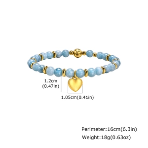 Bracelet perlé avec perles marbrées bleues et pendentif cœur doré spécifications