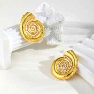 18K gold plated ocean shell earrings with faux pearls and vintage brushed metal finish