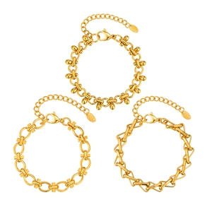 Three gold-plated stainless steel chain bracelets with beads and links in 18K gold finish