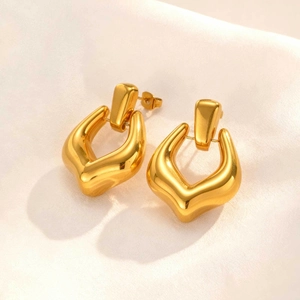 French style 18K gold plated stainless steel geometric hollow hoop earrings for women