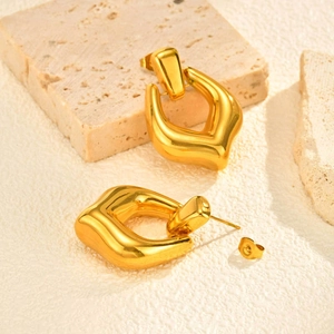 French minimalist hollow geometric 18K gold plated thick earrings with mirror finish