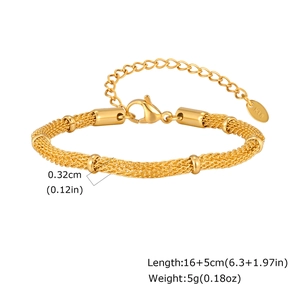 Detail of gold mesh chain bracelet with spacer beads and lobster clasp length specs