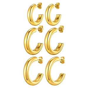 Three pairs of elegant gold stainless steel C-shaped hoop earrings in various sizes