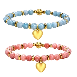 Bracelet Perlé en Acier Inoxydable Élégant avec Pendentif Cœur Pierre Naturelle Rose Bleu Perles Or Bijoux Femme
